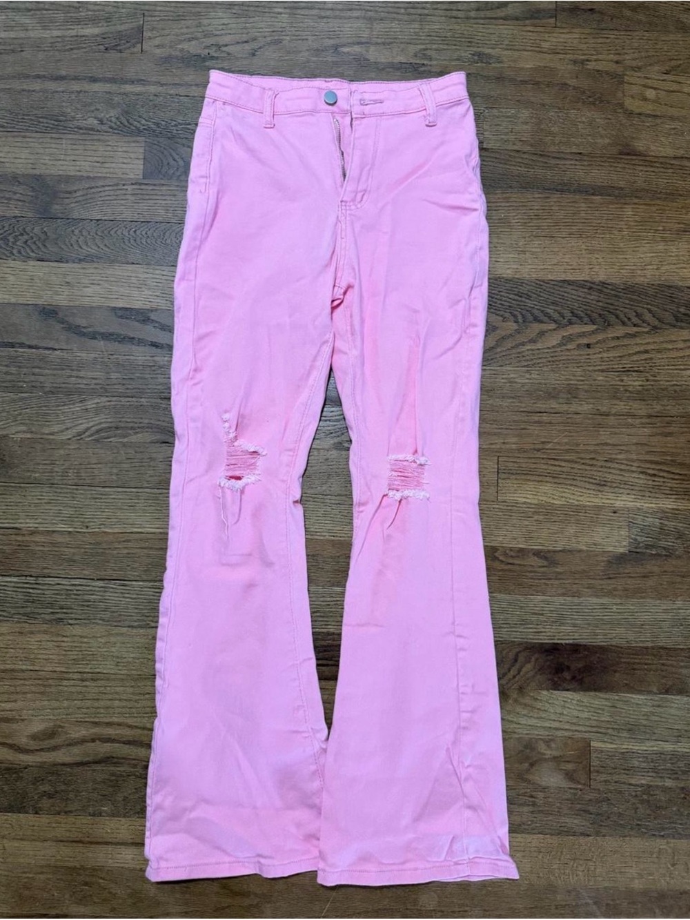 Light Pink Distressed Flare Jeans for Women